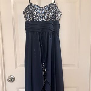 Way-In Nordstrom Silver Sequin Sweetheart Bodice High-Low Formal Dress Navy Blue